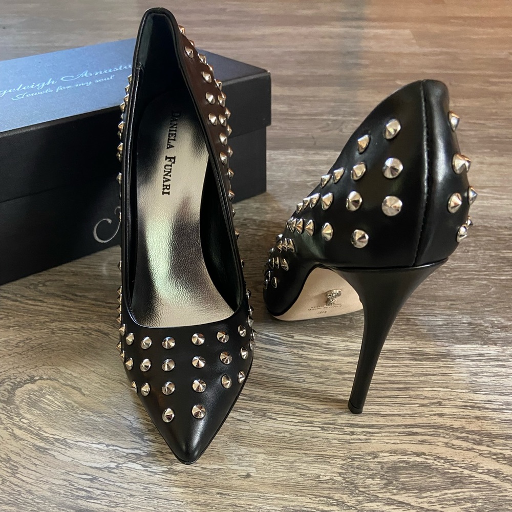 Studded heels! Leather made in the same factory as Gucci’s.